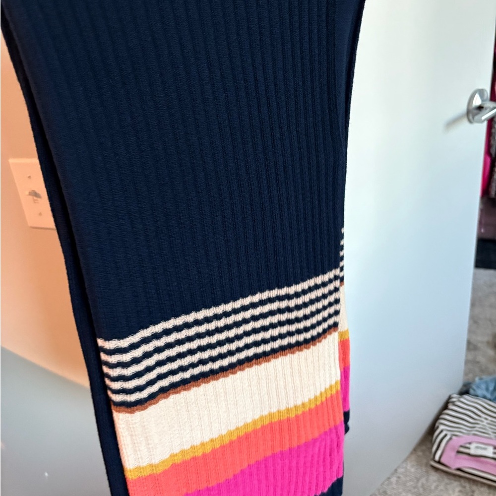 Navy Ribbed Knit Stripe scarf with Pink & Orange Accents